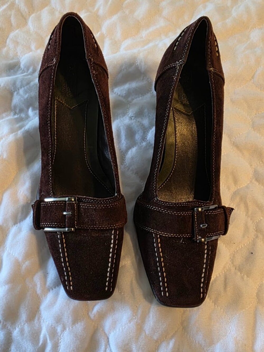 Aerology Heels Brown Suede Shoes Pumps Sz 9 Chunky Buckle Contrast Stitching 90s